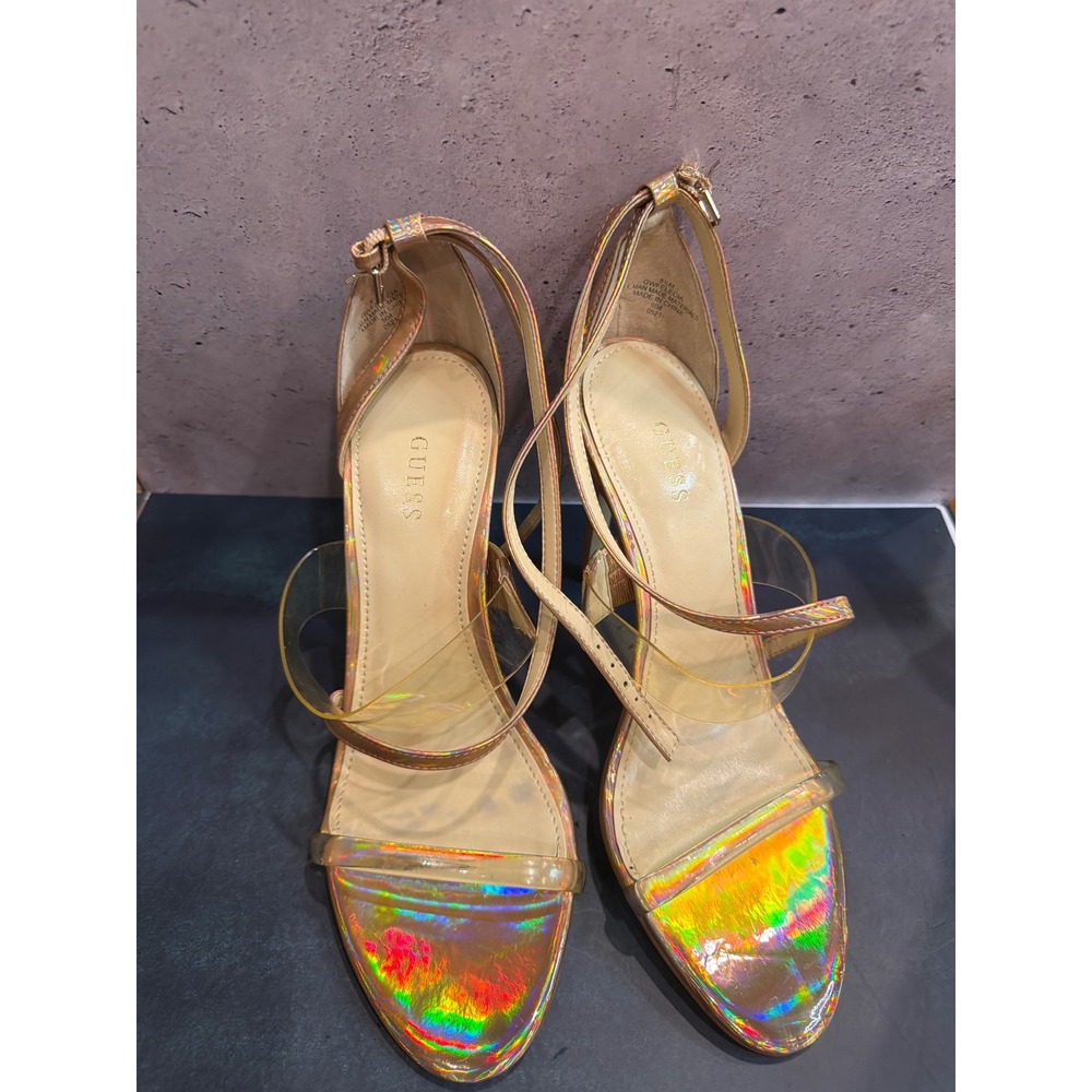 Guess Elecia Holographic Rose Gold Clear Strap Stiletto Heels